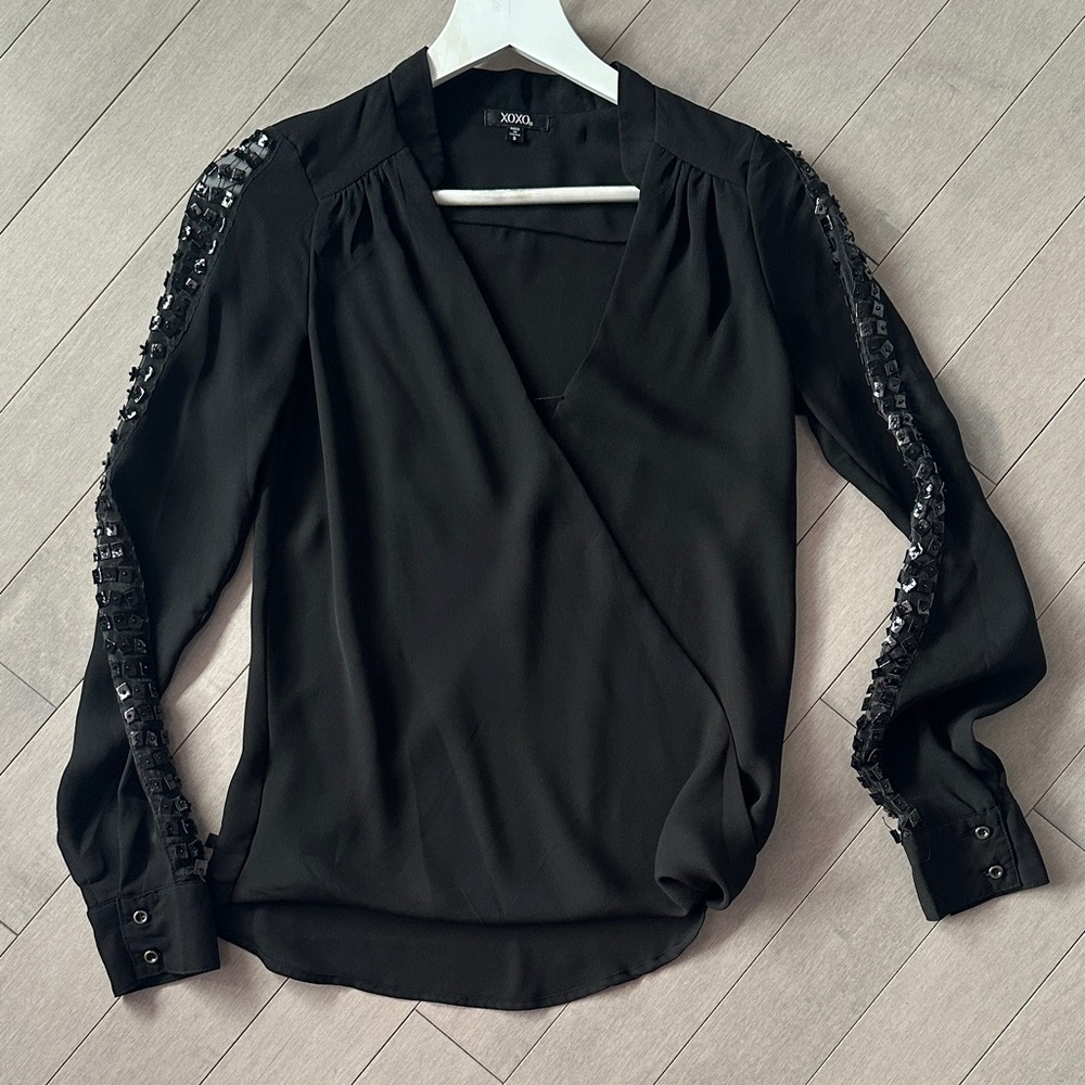 INC International Concepts Black Wrap Blouse with Sequin Sleeves